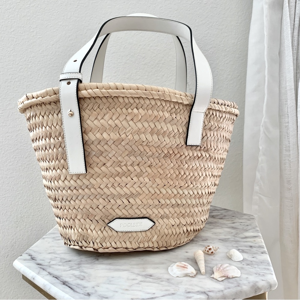 🏝️ POOLSIDE Essaouira Small White Real Leather Straw Basket Bag